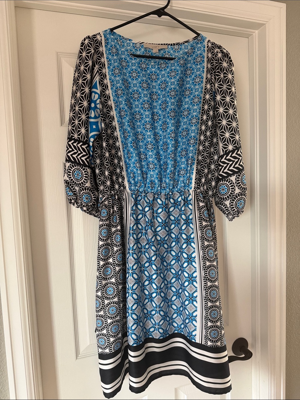 LOFT Blue and Black Patterned Midi Dress